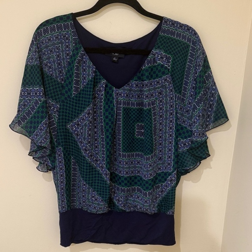 AGB Navy and Green Women’s Sheer Top  | Fully lined Blouse Size S